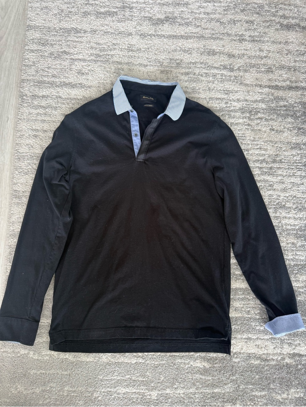 Massimo Dutti Men's Black Long-Sleeve Rugby Polo with Contrast Collar